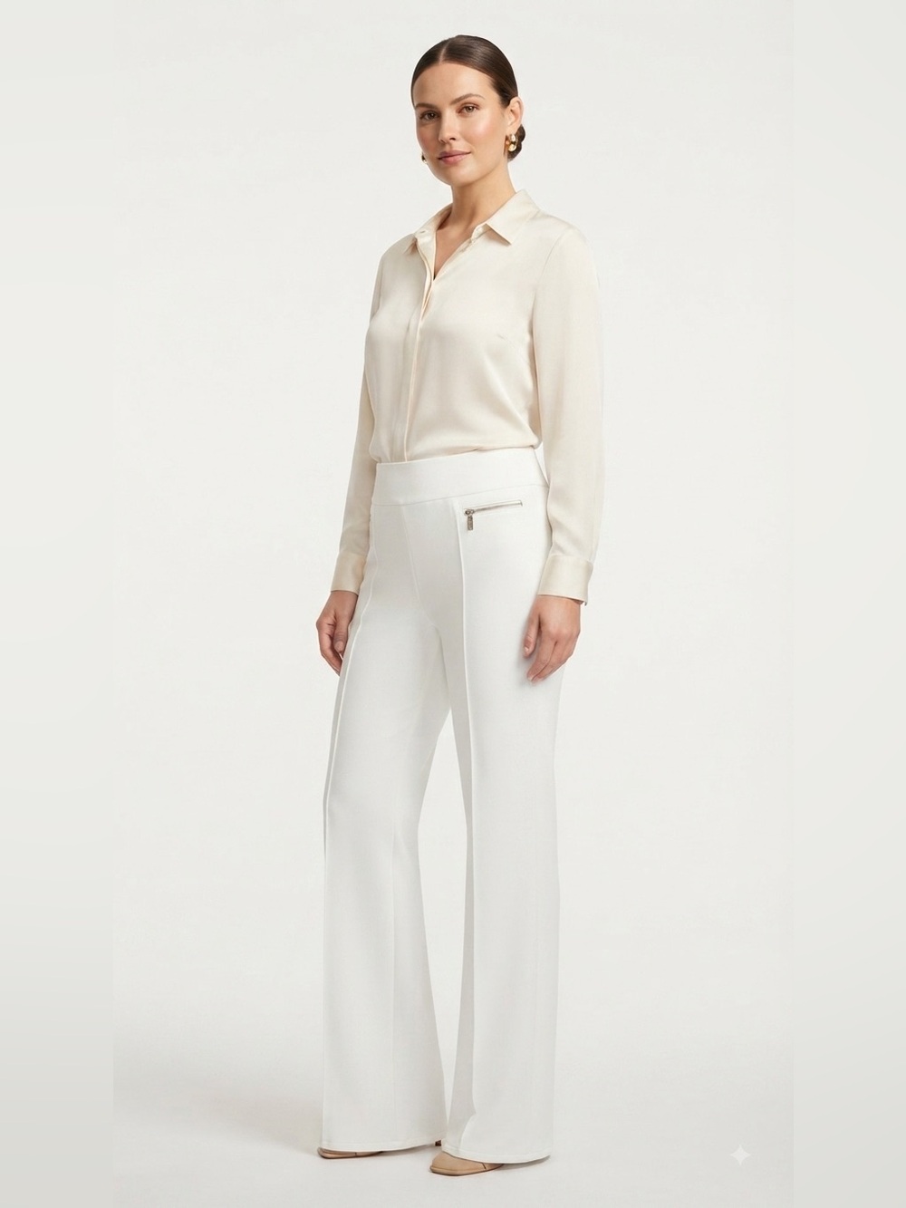 Anne Klein White Pull-On Pants with Zipper Accent M